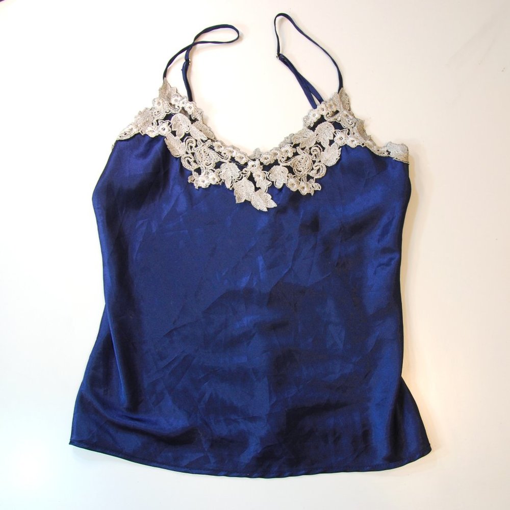 Vintage Blue Satin Camisole Chemise White Lace